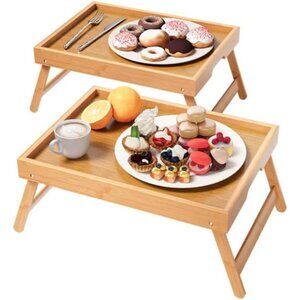 2 Pack Bamboo Bed Tray Table Folding Legs Breakfast Serving Laptop Tray